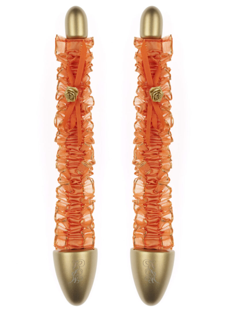Bright Orange Organza ribbon with a delicate satin bow trim & Gold Rosette